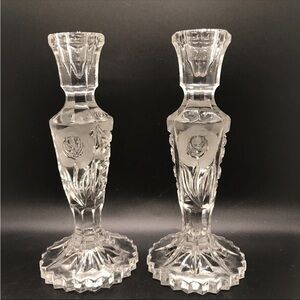 Pair of Queen’s Award Frosted Rose Cut  Lead Crystal Candlesticks By L.  Silver